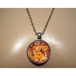 Vintage Honey Bee & Hive Necklace Pendant nature lover boho hippie retro chain